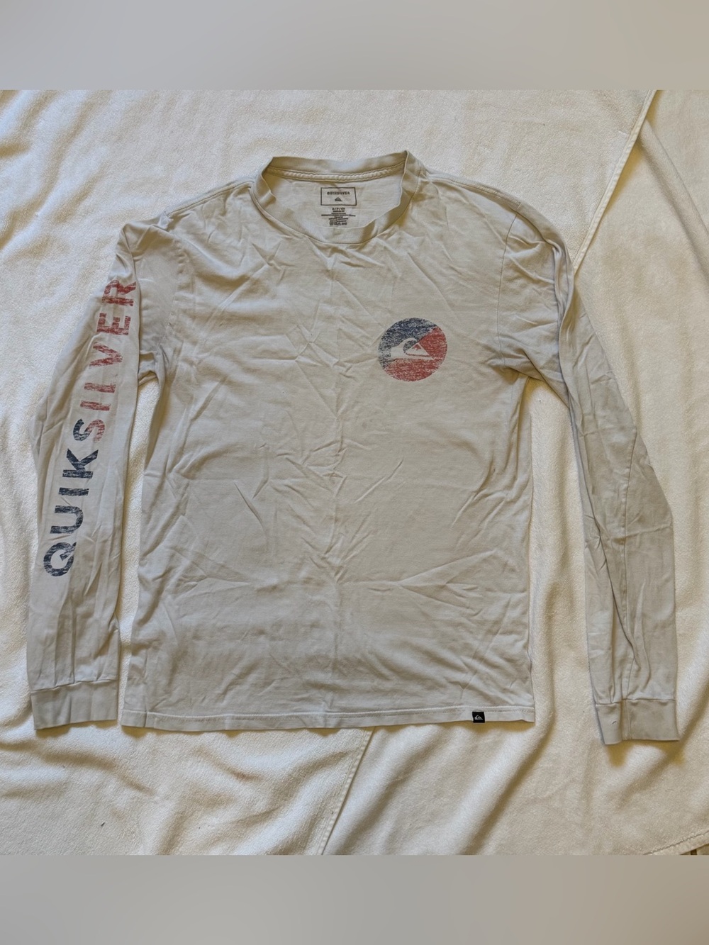 Quiksilver Off White Long Sleeve Tee with Red & Blue Logo